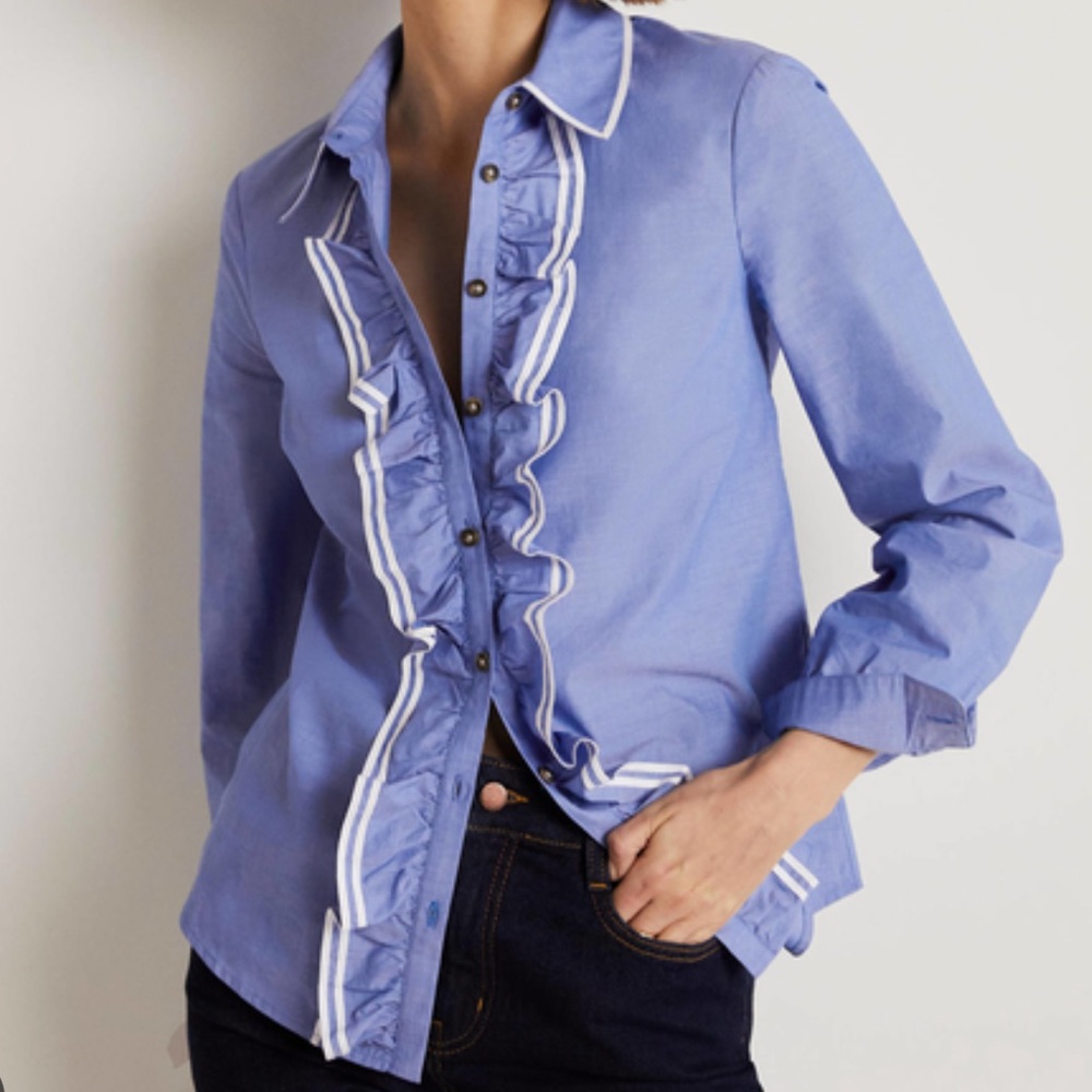 🇬🇧 Boden NWT Chambray Ruffle Trim Collar Shirt 4